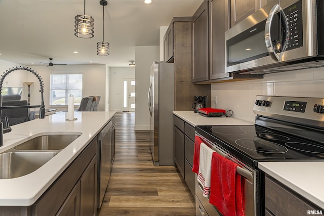 kitchen featuring appliances with stainless steel finishes, dark brown cabinets, ceiling fan, sink, and dark hardwood / wood-style floors