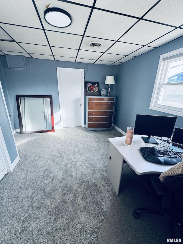 carpeted office with a paneled ceiling