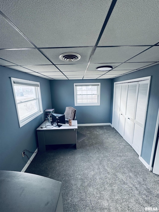 office area featuring dark colored carpet, a wealth of natural light, and a drop ceiling