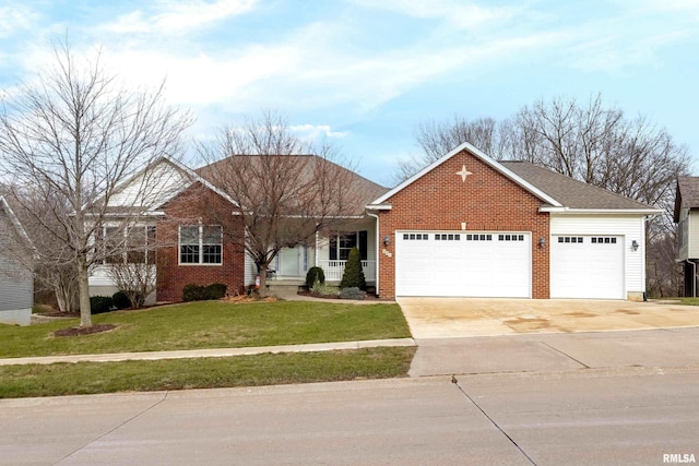 single story home with a garage and a front lawn