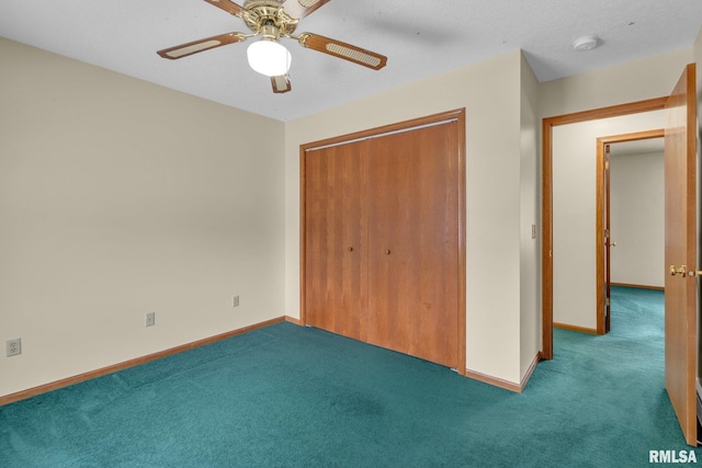 unfurnished bedroom featuring light colored carpet, a closet, and ceiling fan