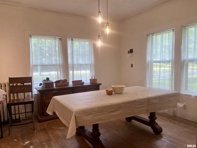 dining area with wood-type flooring and ornamental molding