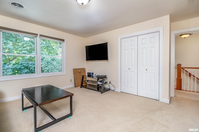 carpeted living room with a textured ceiling