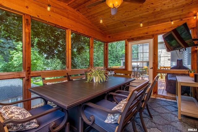 sunroom featuring ceiling fan, wood ceiling, and lofted ceiling