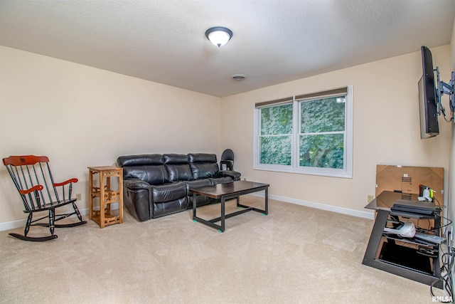 living room with carpet flooring and a textured ceiling