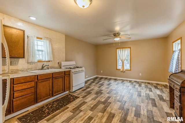 kitchen featuring tasteful backsplash, ceiling fan, sink, wood-type flooring, and white range with gas stovetop