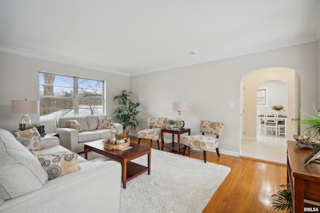 living room with ornamental molding and light wood-type flooring