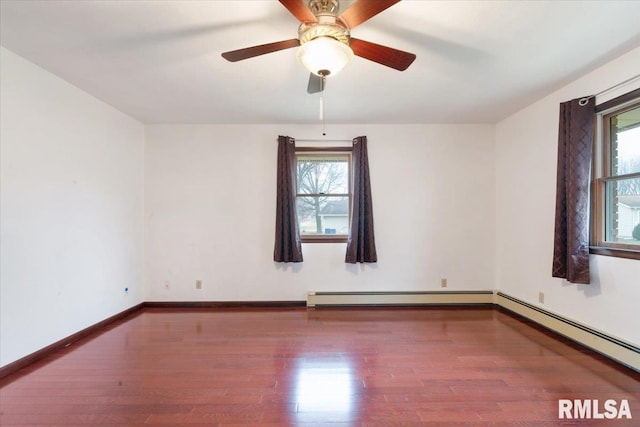 unfurnished room featuring hardwood / wood-style flooring, ceiling fan, and a baseboard heating unit