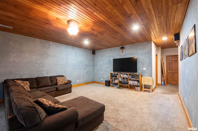 carpeted living room with wooden ceiling