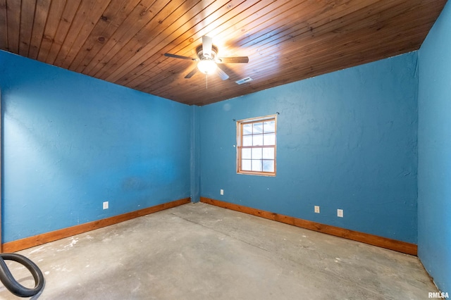 empty room featuring ceiling fan and wooden ceiling