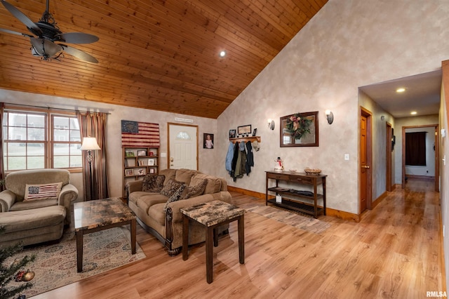 living room with ceiling fan, light hardwood / wood-style flooring, high vaulted ceiling, and wood ceiling