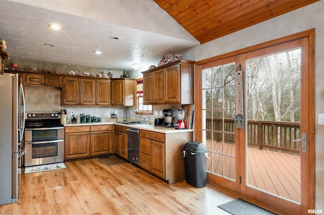 kitchen featuring lofted ceiling, sink, light hardwood / wood-style flooring, wood ceiling, and stainless steel appliances