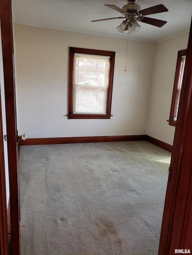 carpeted spare room featuring ceiling fan and ornamental molding