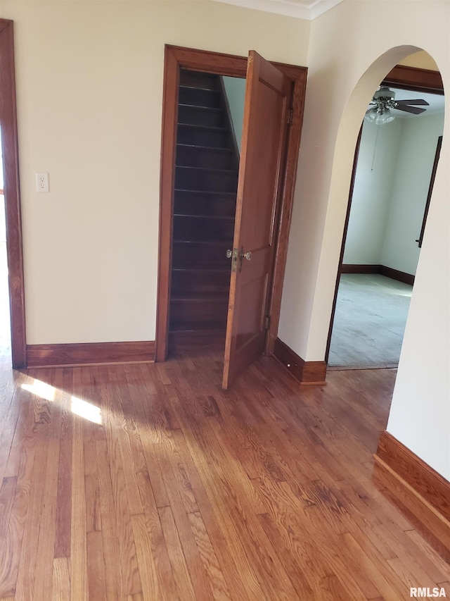 empty room featuring wood-type flooring, ornamental molding, and ceiling fan