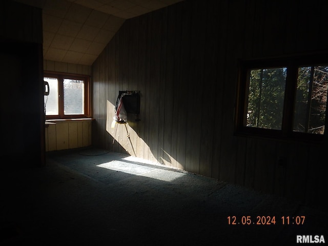 carpeted empty room featuring wood walls and lofted ceiling