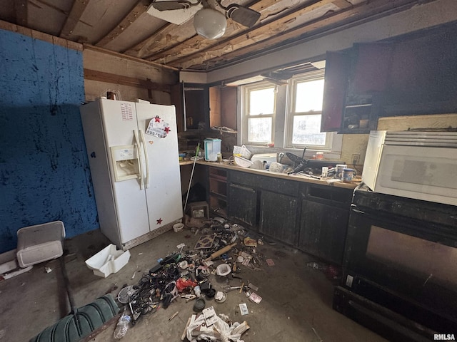 kitchen with ceiling fan, white fridge with ice dispenser, concrete floors, wall oven, and dark brown cabinets