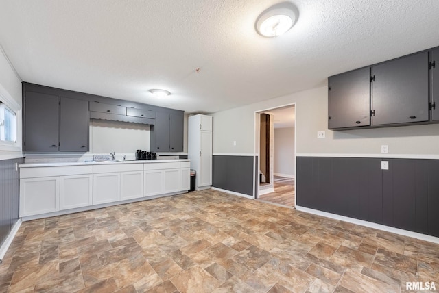 kitchen featuring white cabinetry, wooden walls, a textured ceiling, and sink