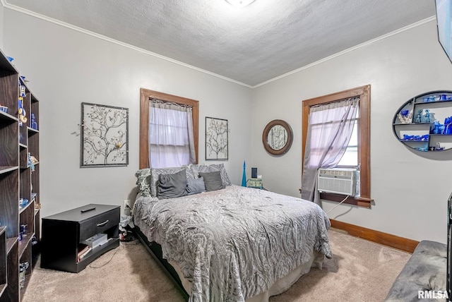 bedroom featuring cooling unit, crown molding, a textured ceiling, and light carpet