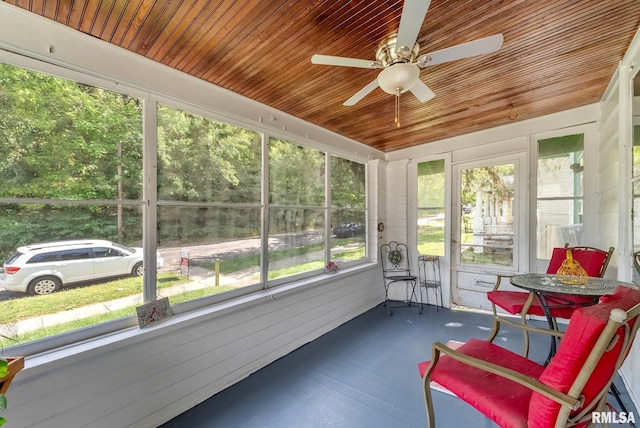 sunroom featuring ceiling fan, plenty of natural light, and wood ceiling