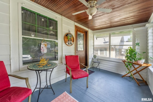 sunroom with ceiling fan and wooden ceiling