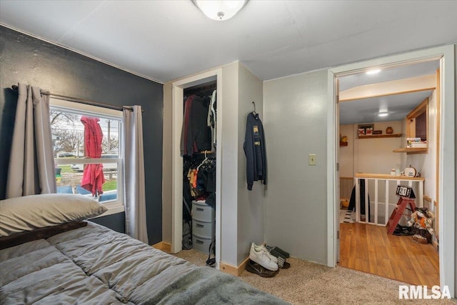 carpeted bedroom with a spacious closet and a closet