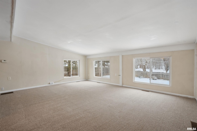 spare room featuring carpet, a healthy amount of sunlight, and lofted ceiling