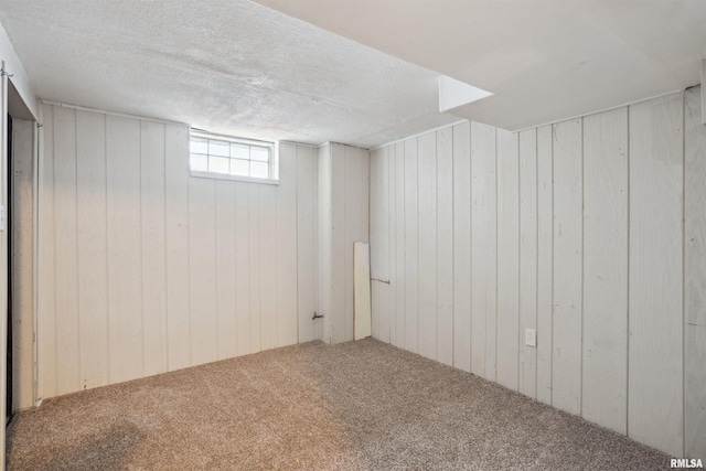 basement with carpet flooring, a textured ceiling, and wooden walls