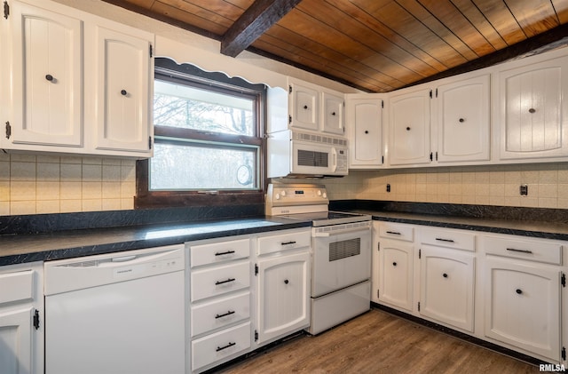 kitchen with beamed ceiling, dark hardwood / wood-style floors, white appliances, white cabinets, and wood ceiling