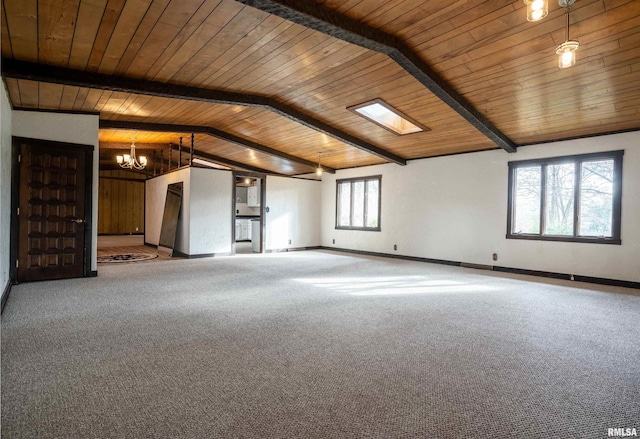 unfurnished living room featuring a notable chandelier, plenty of natural light, wooden ceiling, and vaulted ceiling with skylight