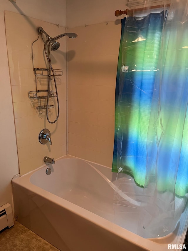 bathroom with bathing tub / shower combination, tile patterned flooring, and a baseboard radiator