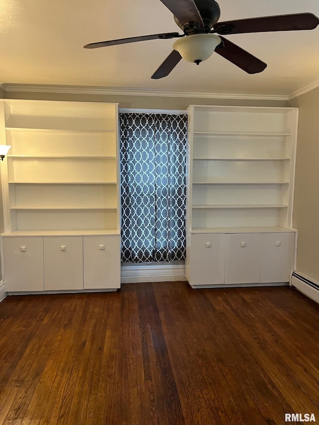 unfurnished bedroom featuring baseboard heating, ceiling fan, dark hardwood / wood-style floors, and ornamental molding