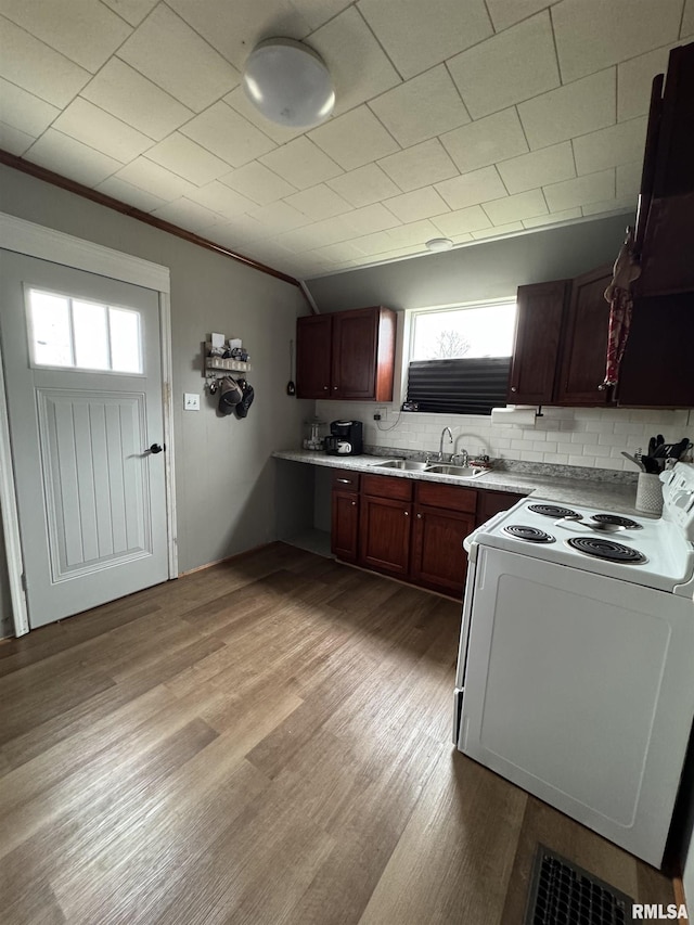 kitchen with sink, tasteful backsplash, crown molding, light hardwood / wood-style floors, and range