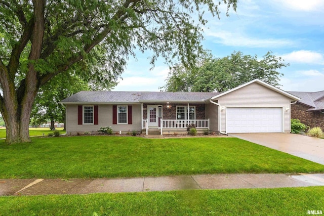 ranch-style house featuring a front lawn, a porch, and a garage