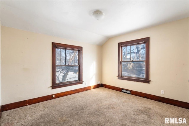 carpeted empty room featuring a wealth of natural light and vaulted ceiling