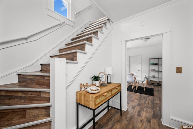 stairs featuring wood-type flooring and ornamental molding