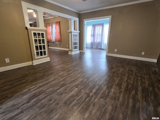 unfurnished living room with dark hardwood / wood-style flooring and crown molding