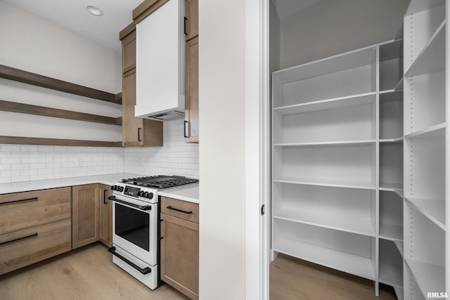 kitchen with tasteful backsplash, high end range, custom range hood, and light hardwood / wood-style flooring