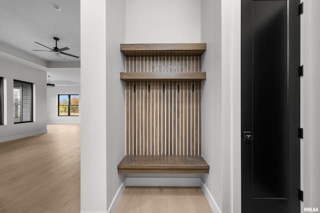 mudroom featuring ceiling fan and light wood-type flooring