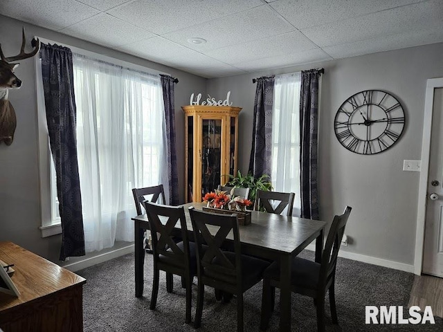 dining area featuring dark colored carpet and a drop ceiling