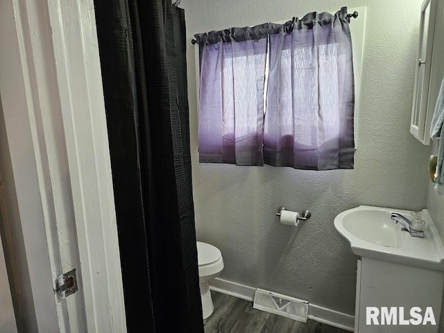 bathroom with hardwood / wood-style flooring, vanity, and toilet