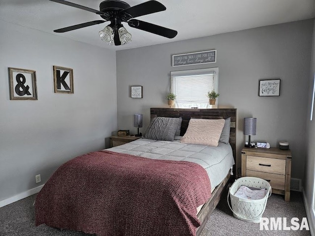 bedroom featuring ceiling fan and dark carpet