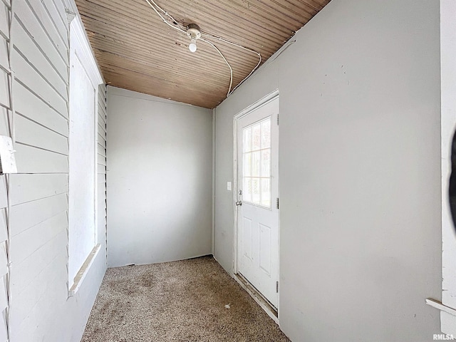 doorway with carpet floors, wood walls, and wood ceiling