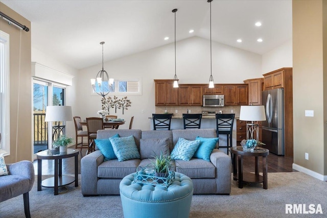 living room featuring high vaulted ceiling, recessed lighting, carpet floors, an inviting chandelier, and baseboards