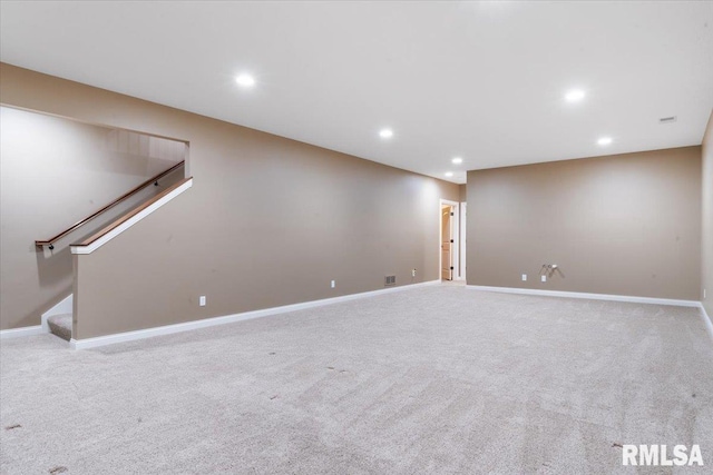 interior space featuring recessed lighting, stairway, baseboards, and carpet flooring