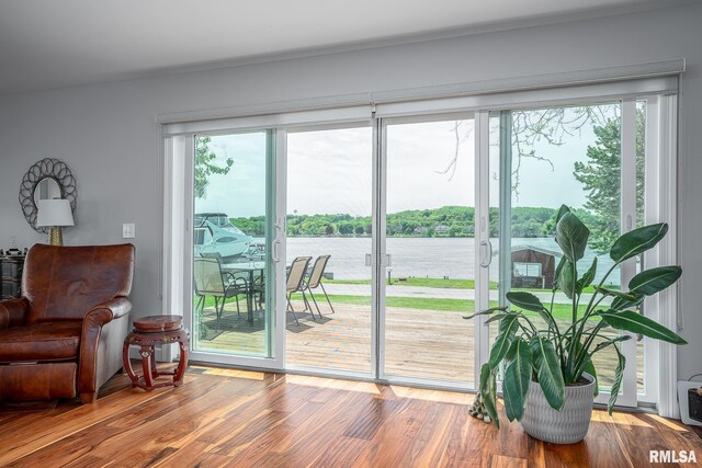 doorway with hardwood / wood-style floors, a water view, and a healthy amount of sunlight