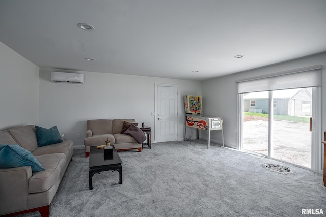 living room with a wall mounted air conditioner and carpet flooring