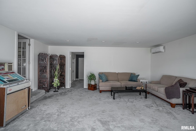 living room featuring a wall unit AC and light colored carpet