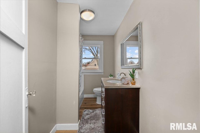 bathroom featuring hardwood / wood-style floors, vanity, and toilet