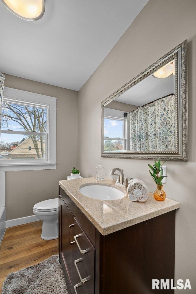 bathroom with a shower with shower curtain, wood-type flooring, vanity, and toilet