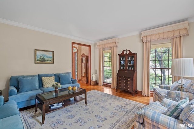 living room with light wood-type flooring, plenty of natural light, and ornamental molding